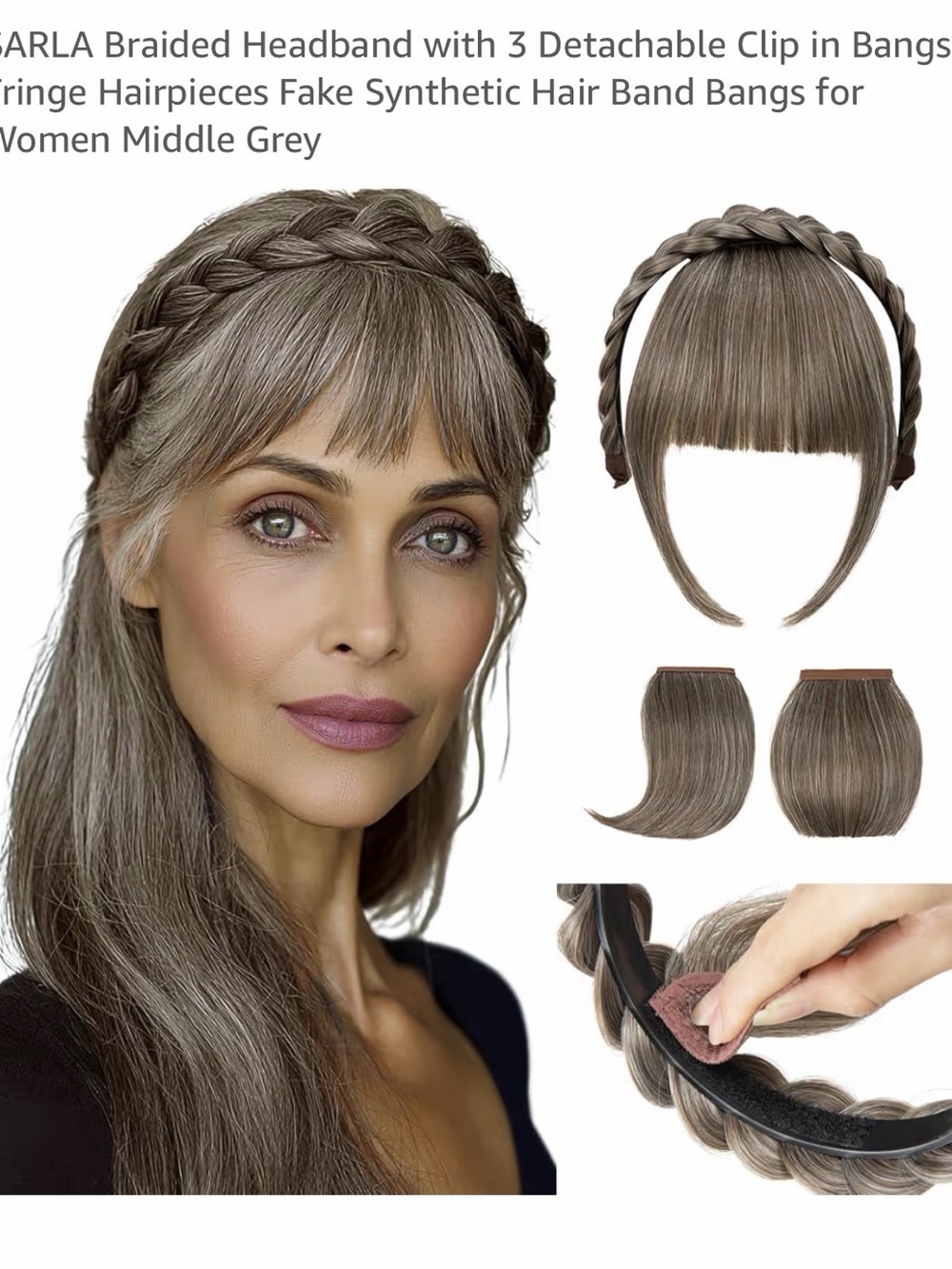 Braided Headband with Detachable Bangs – Middle Grey NIB